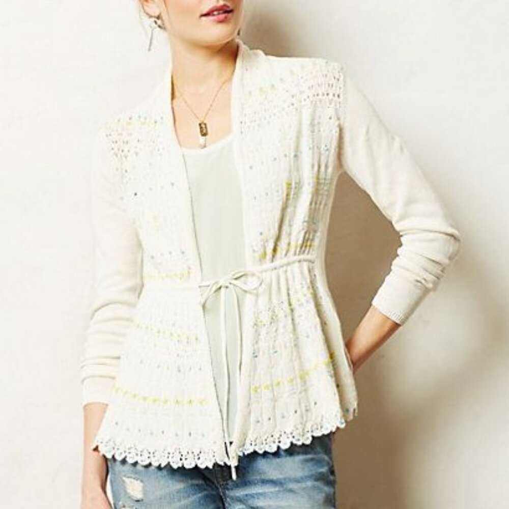 Anthropologie Lazuli Dusted Cardigan White Petite Sweater